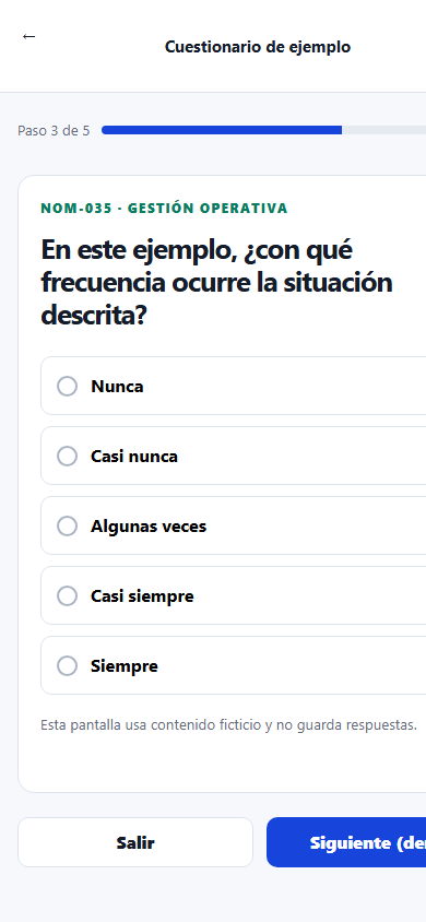 Demostración móvil del cuestionario NOM-035 con una pregunta, opciones y barra de avance